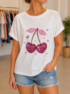 Neu Italy Fashion Sommer  Damen T-Shirt  Baumwolle  36 38 40 42 44 Cherry