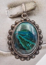 Estate Sterling Silver & natural EILAT Stone from Israel unisex oval Pendant