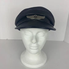 Vtg. Harley Davidson Leather Captains Cabbie Cap Hat Sz S Flat Top Wheel Emblem