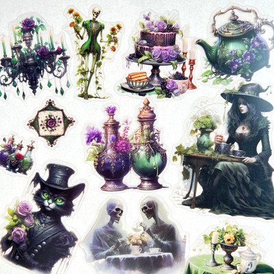 Green Witch Tea Party Stickers Junk Journal Collage Scrapbooking