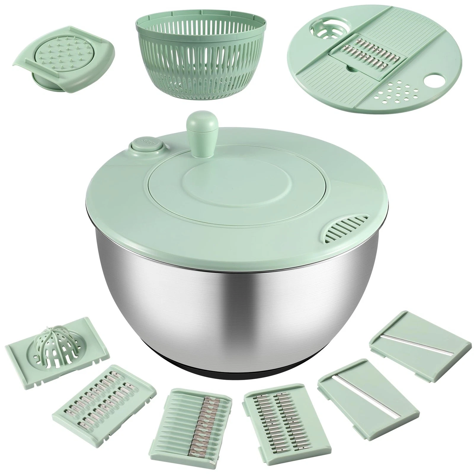 Salad Spinner Stainless Steel, 5.3 Qt Large Vegetables & Fruits Wash Bowl, Le...