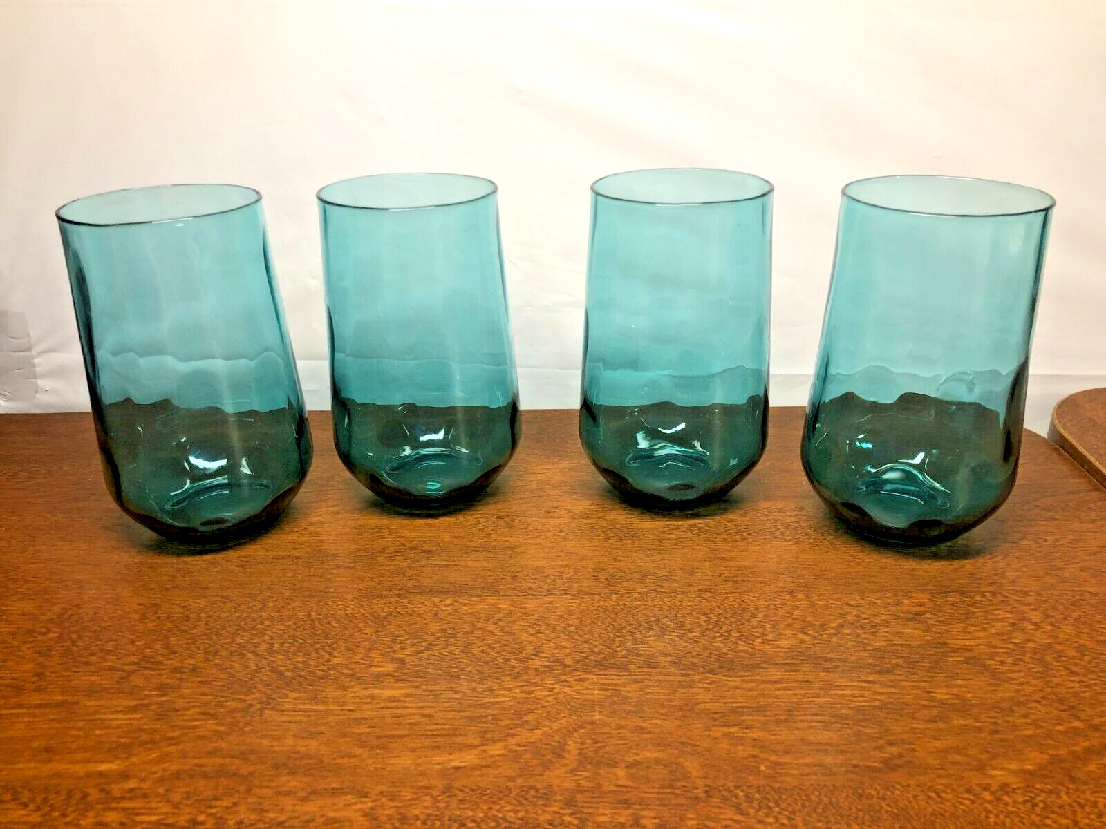 Turquoise Optic Glass Juice Glasses Tumblers Glassware Vintage 4 3/4" H Set 4