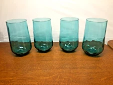 Turquoise Optic Glass Juice Glasses Tumblers Glassware Vintage 4 3/4" H Set 4