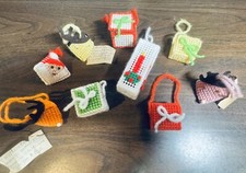 VTG Handmade Needlepoint Christmas Ornaments Lot Of 9 Deer, Gifts, Santa 508