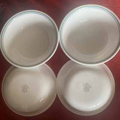 4 Corelle Corning Soup Cereal Salad Bowls Blue Green Rim