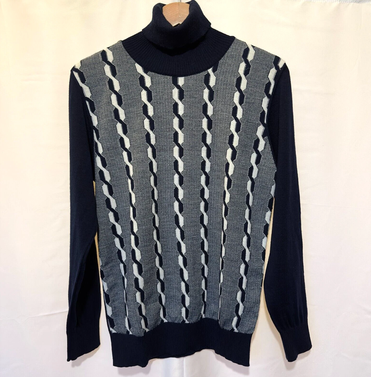 Alberena mens wool-blend rollneck jacquard jumper sweater, navy, white, size S