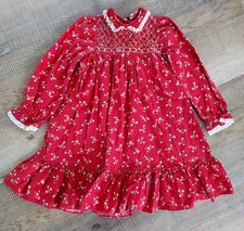 Vintage Polly Flinders Girl's Hand Smocked Floral Print Long Sleeve Dress 6X Red