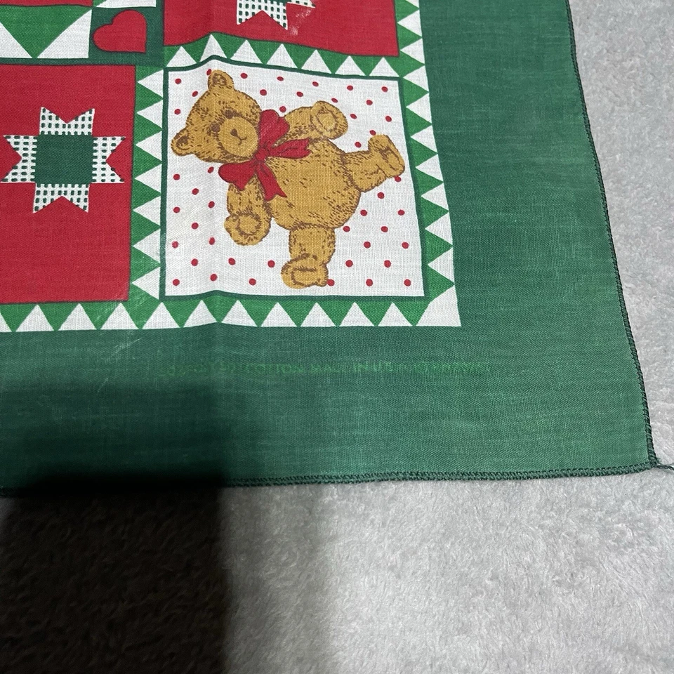 Vintage Christmas Bandana Red Green Wreath Teddy Bears RN 20767 USA Holiday - Image 4 of 4