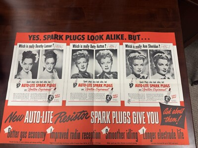 1948 Autolite Spark Plugs Poster Betty Hutton, Ann Sheridan, Dorothy Lamour