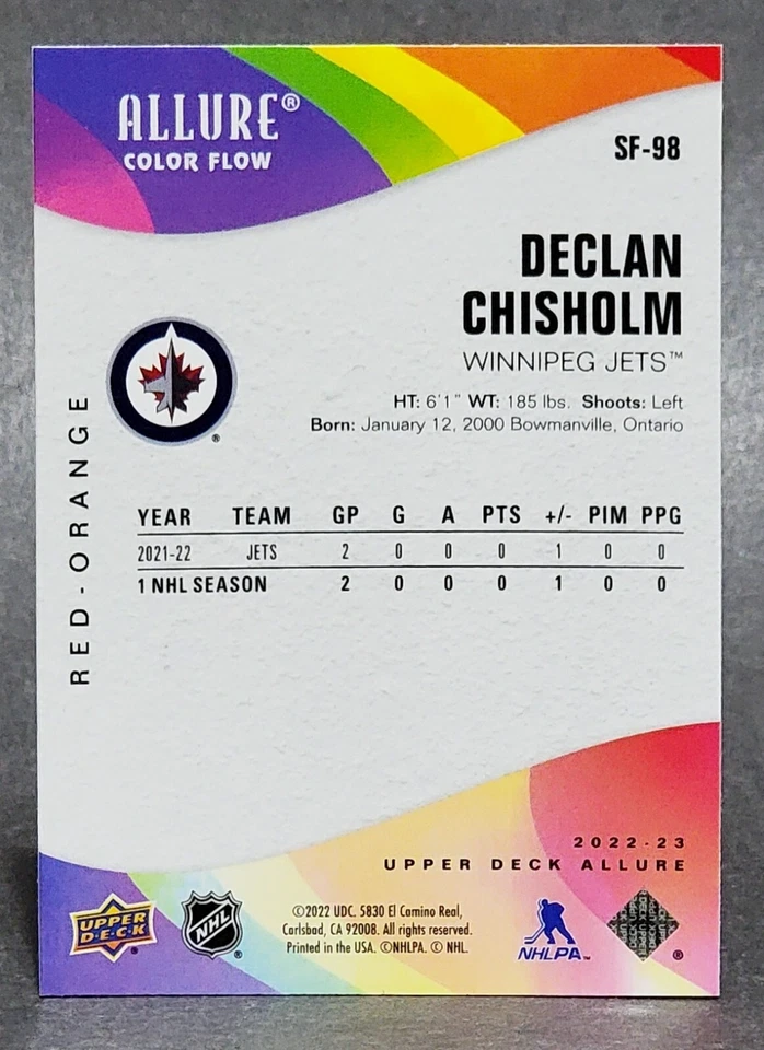 2022-23 Upper Deck Allure Color Flow Red Orange #SF-98 Declan Chisholm - Image 2 of 2