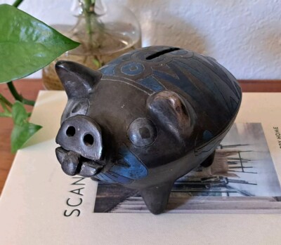 Oaxaca Mexican Pottery Pig Black Blue Clay Etched Folk Art Design Vintage