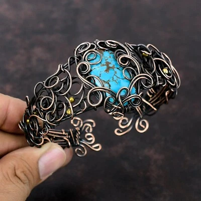 Gift For Women Jewelry Wire Wrapped Adjustable Bangle Copper Tibetan Turquoise - Image 1 of 4