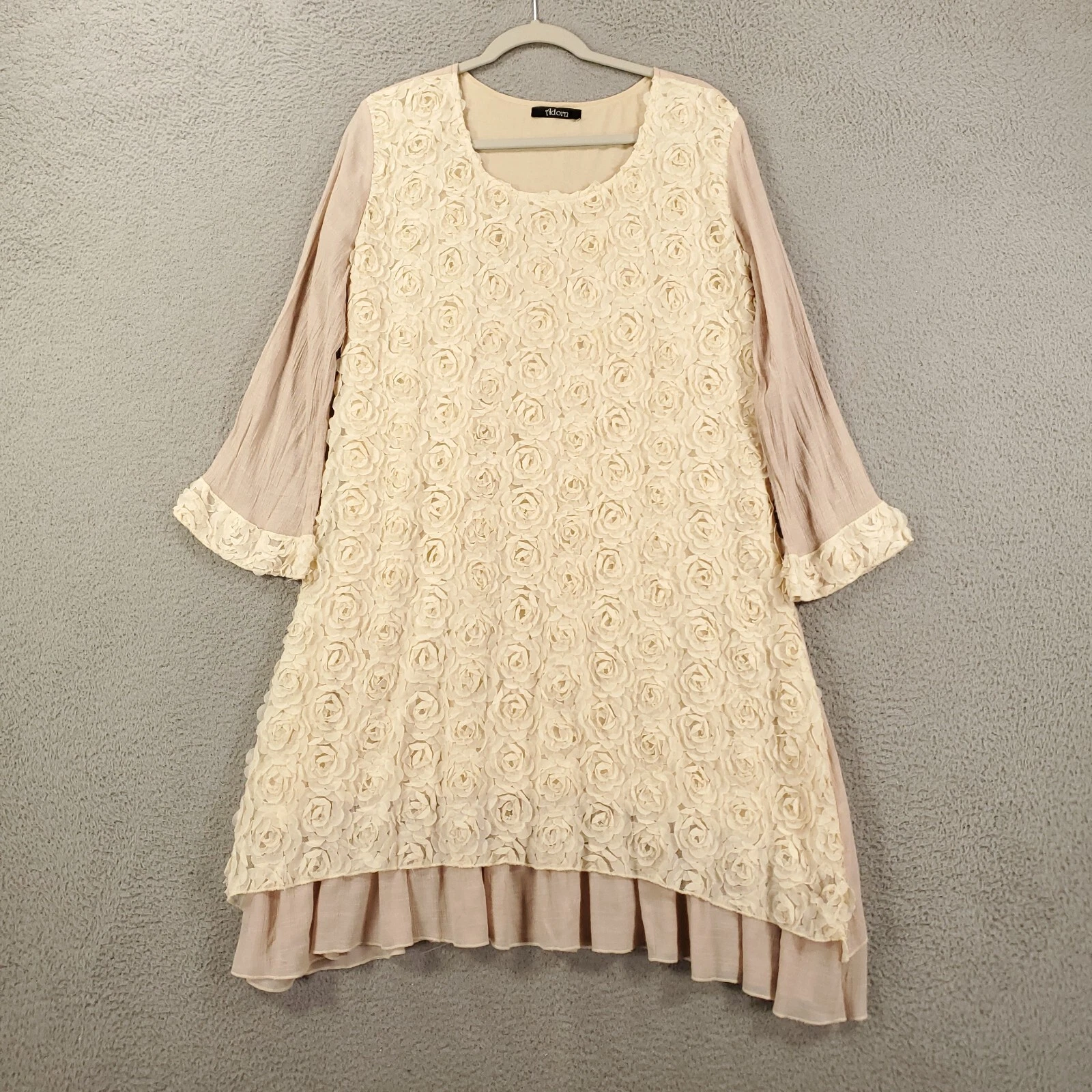 OFF WHITE Abito Adorn donna medio testurizzato rose allover foderato davanti boho marrone bianco sporco