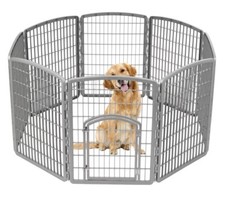 IRIS Dog Playpen, 8-Panel 63  x 34" Pet Playpen Gray with Door, Indoor/Outdoor