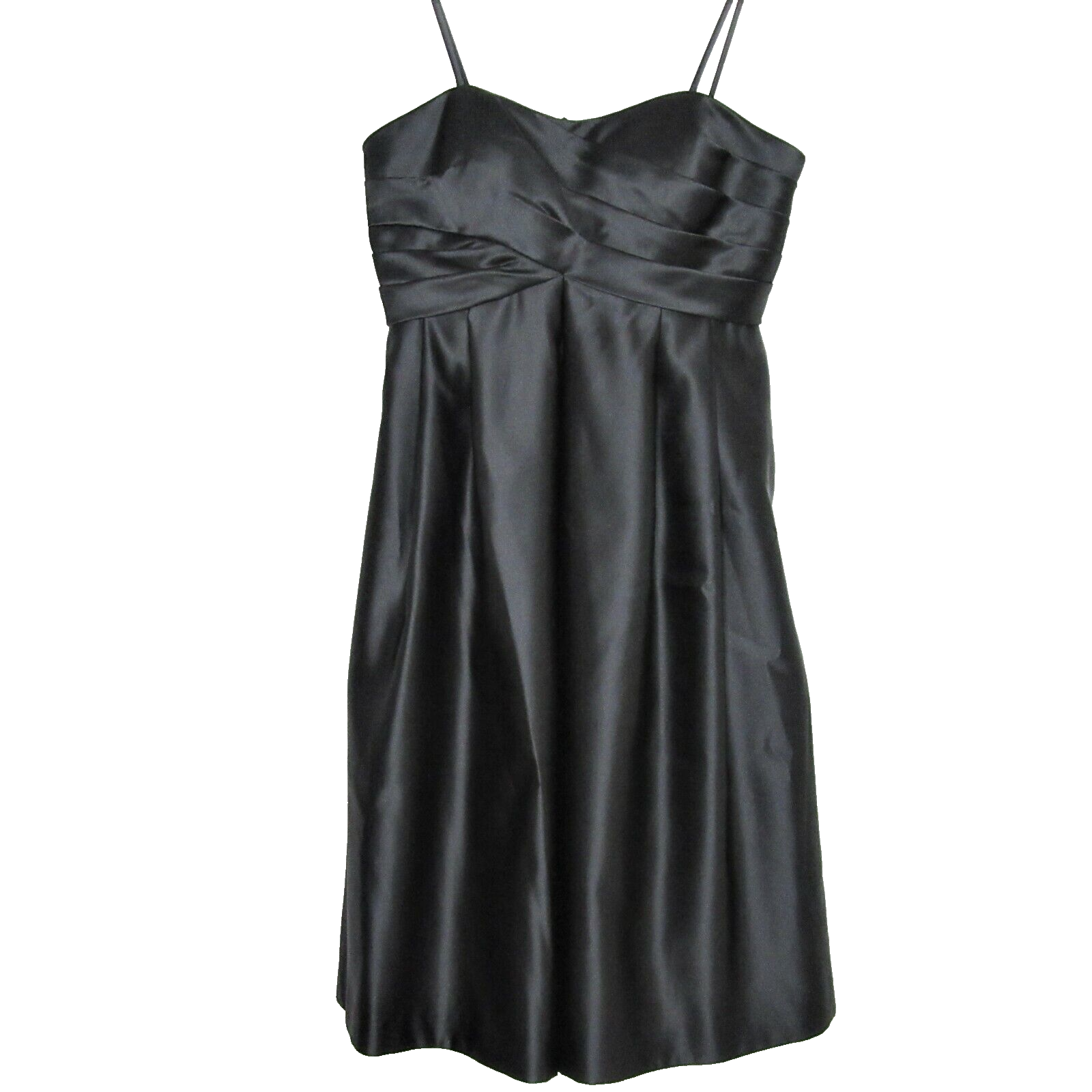Black satin cocktail dress by Bill Levkoff size 6 with spaghetti straps and detachable bow-image