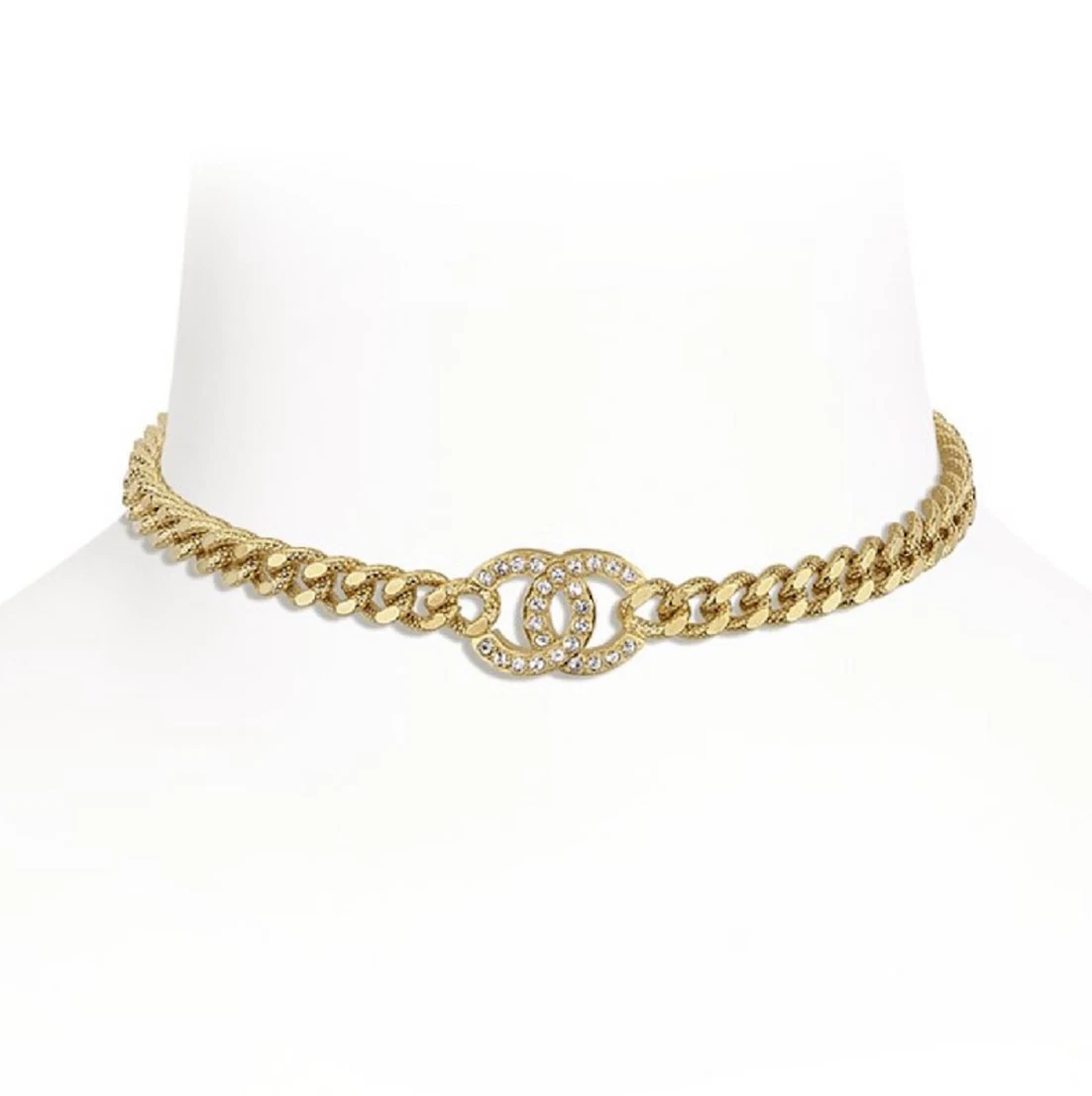 Chanel REV Gold Golden Cuban Link Chain Crystal CC Logo Choker Pendant  Necklace