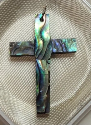 ANCIENNE CROIX PENDENTIF COQUE COQUILLE DE NACRE D'ORMEAU ABALONE #A# K8 - Photo 1/4