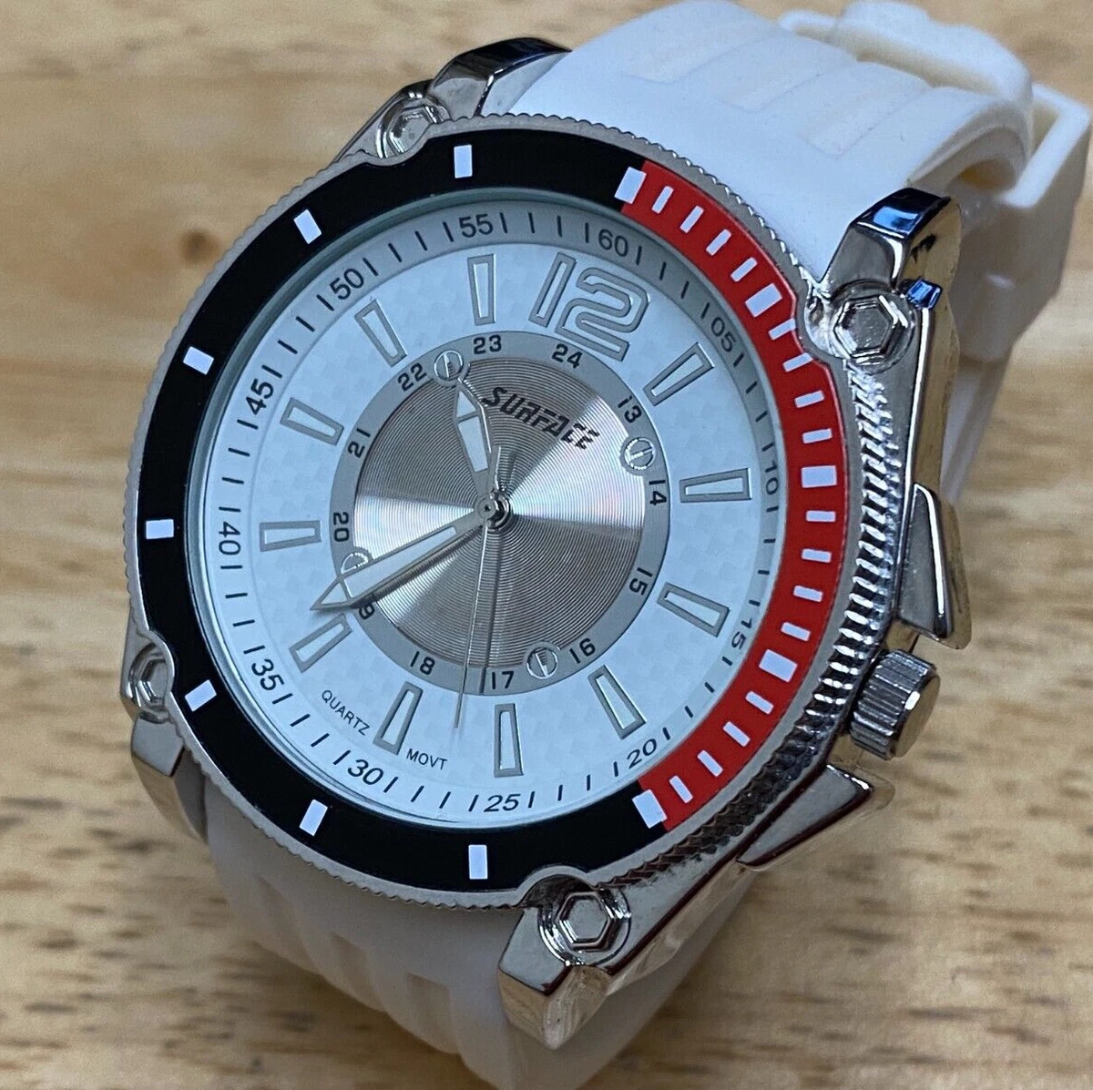 Nice Surface Mens 46mm Silver White Rubber Band Analog Quartz Watch New Battery