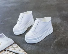 Hot Womens Cow Leather Platform Wedge High Heel Fashion Sneakers Mules Boots