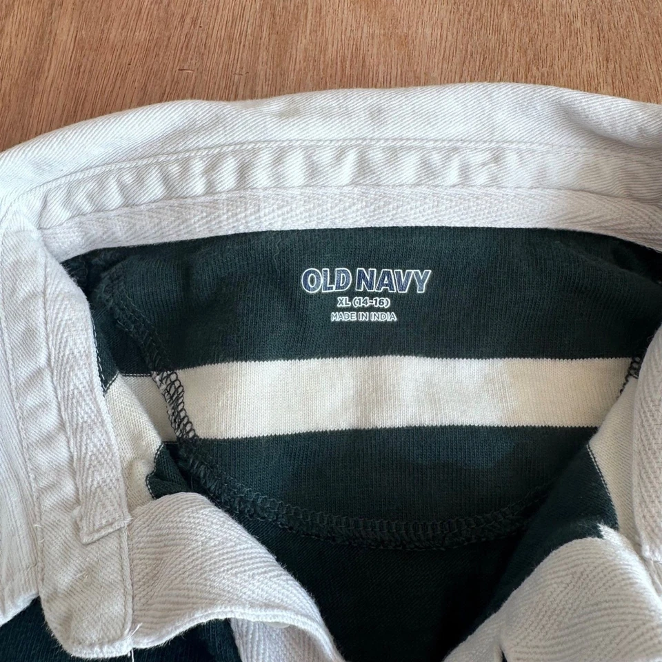 Old Navy Boys XL 14-16 Rugby Polo Shirt Green White Long Sleeve Cotton - Image 3 of 4