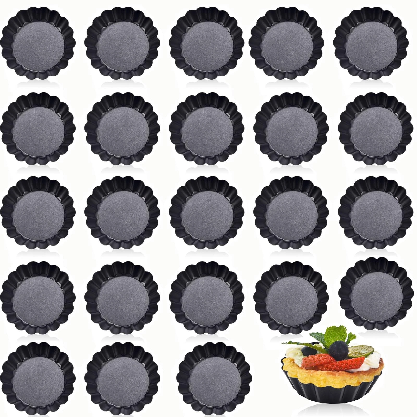 24 PCS Mini Tart Pan 3 Inch Removable Bottom Carbon Steel Fluted Nonstick Mold