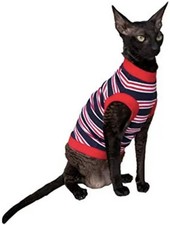 Kotomoda Cat T-Shirt Dark Blue-Red-White Stripes Velour   Small