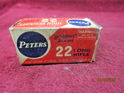 Vintage PETERS Golden Bullet 22 Long Rifle..  Ammo Box, (EMPTY)