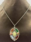 Vintage Style Statement Pendant Necklace – Multicolour Cabochon Silver Tone Chai