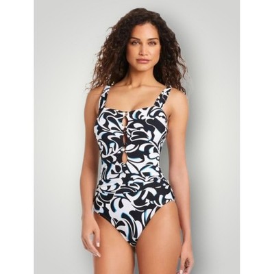 Beyond Control Womens Swimsuit 16 Black White Blue Tummy Control One Piece New