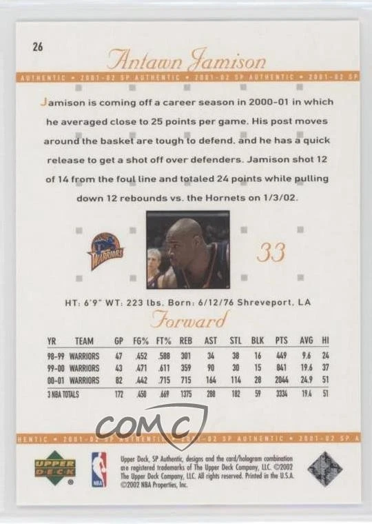 2001-02 SP Authentic Antawn Jamison #26 - Image 2 of 2