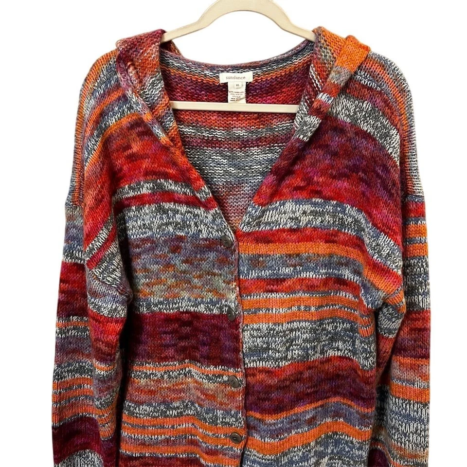 Cárdigan largo con capucha Sundance suéter talla XL mezcla de lana multicolor con botones Foto 2 de 4