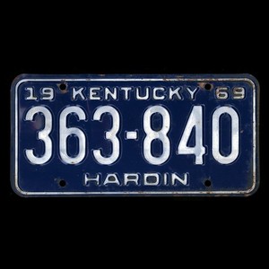 KENTUCKY 1969 License Plate #363-840 - HARDIN County - White on Blue