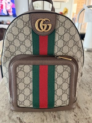 Gucci GG Monogram Web Stripe Small Backpack Beige Brown Red Green Zip Gold. 