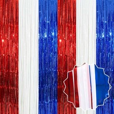 6 Pack White Blue Red Foil Fringe Curtains Backdrop 3.28 x 6.6 Ft Metallic St...