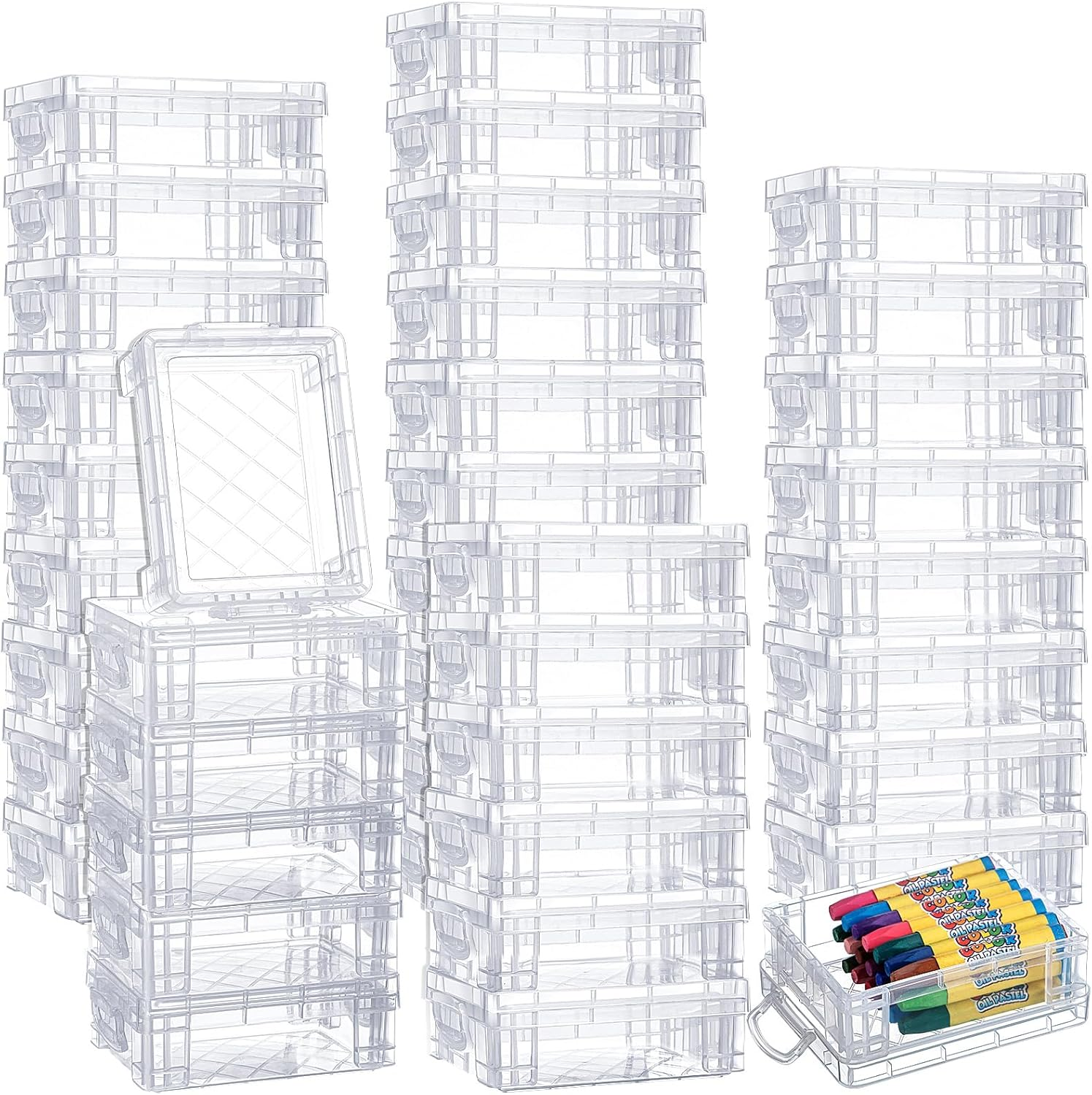 40-Piece Stackable Plastic Crayon Storage Boxes with Secure Snap Lids - Bulk Classroom Art Supply Organizer  