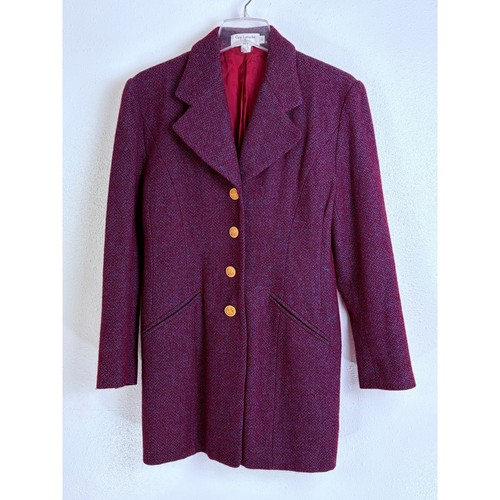Guy Laroche, Vintage Guy Laroche Tweed Blazer 8 Burgundy Blue Herringbone Wool