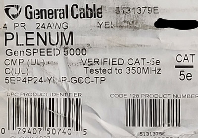 General Cable GenSPEED 5000 24/4P Cat5E UTP Plenum Network Cable Yellow /100ft