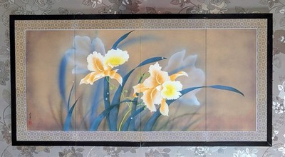 Japanese Byobu VTG 4-Panel Folding Tabletop Screen Signed Stamped Painting