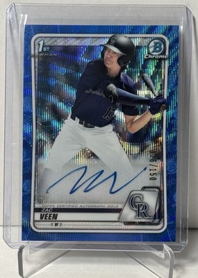 2020 Bowman Chrome Draft Zac Veen BLUE WAVE AUTO /150 1ST PROSPECT COL ROCKIES