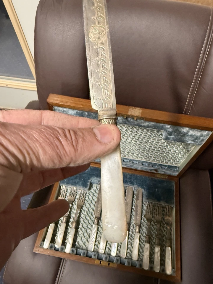 Cuchillos cubiertos plato de plata con mango de madreperla tenedores de postre de frutas - Juego 11 Foto 2 de 4