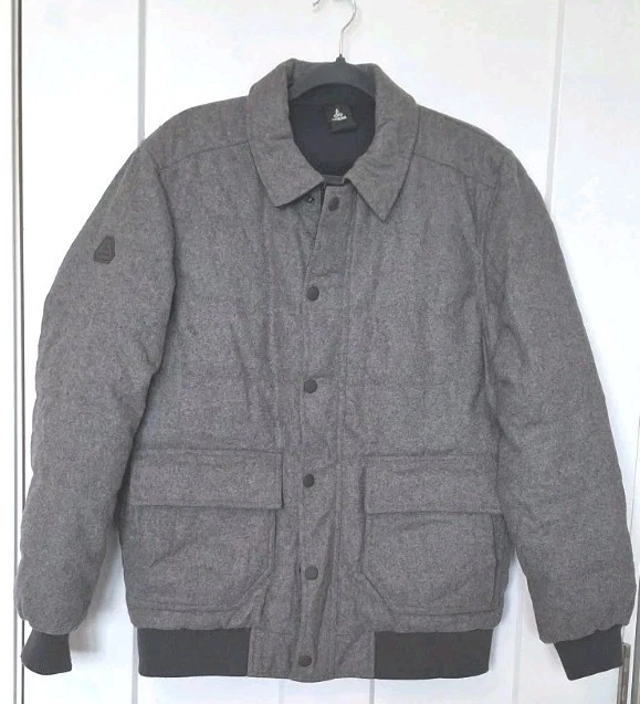 Prana B-Side Jacket Mens Size M Gray Puffer Bomber Wool duck Down Reversible
