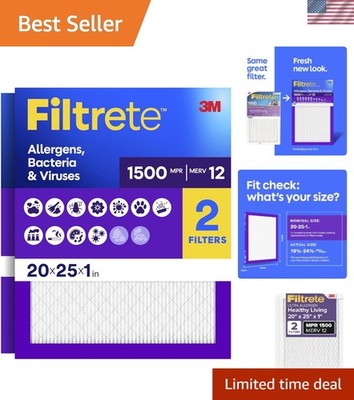 20x25x1 Air Filter, MERV 12, MPR 1500, Allergens, Bacteria & Viruses, 3- AC a...
