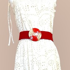 Retro vintage 70's red elastic wide belt w silver painted red swirl patten