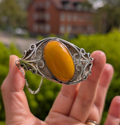 Large vintage natural amber bracelet bangle 925 silver egg yolk butterscotch 33g - Picture 8 of 23