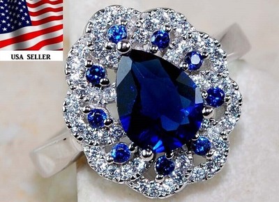 2CT Treated Blue Sapphire & Topaz 925 Sterling Silver Ring Sz 8 UB2-1