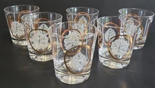 MCM Vintage Low Ball Rocks Drinking Glasses Gold & White Leaf Set 6 Barware