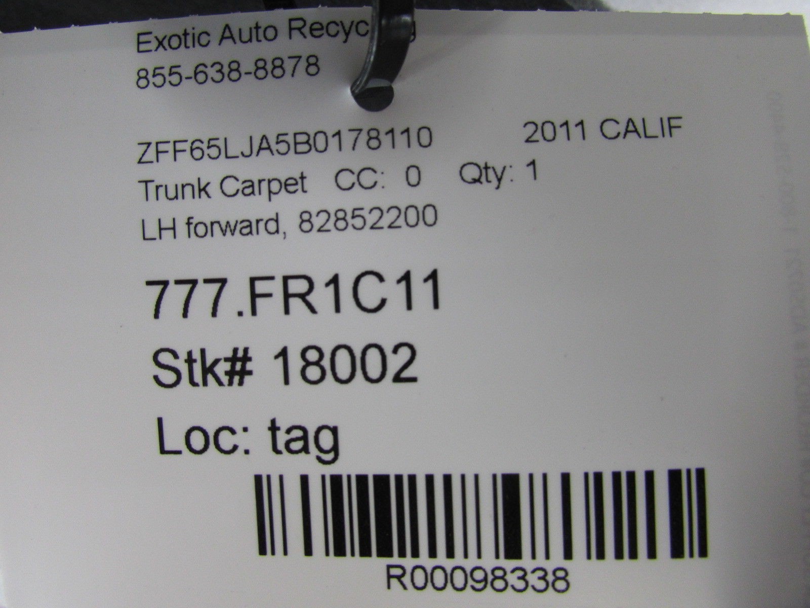 Ferrari California, LH, Left Forward Trunk Carpet, Used, P/N 82852200