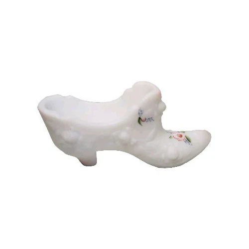 Fenton Satin White Milk Glass Shoe Cabbage Rose Slipper Pink Handpainted Signed