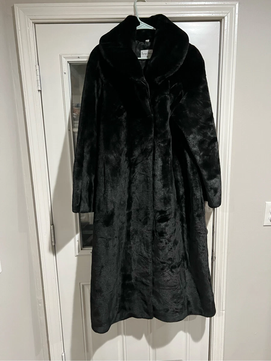 355 PAMELA MCCOY BLACK FAUX FUR LONG SLEEVE FULL LENGTH COAT SIZE L NWT