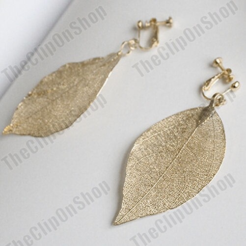PENDIENTES GRANDES CLIP/GANCHOS 3" de largo hoja real HOJAS GRANDES DE LAUREL SUMERGIDAS EN ORO naturales